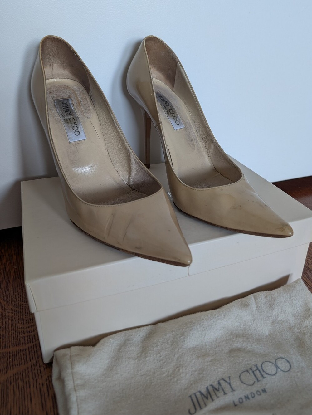 Jimmy Choo Beige Patent Leather Pointed Pumps Size 39.5 9.5